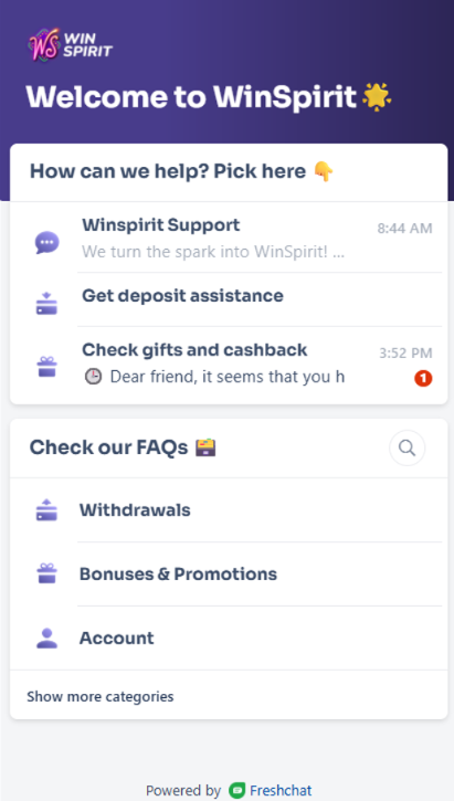WinSpirit Casinon live-chat-valikko Freshchat-alustalla, jossa näkyy WinSpirit Support, Get deposit assistance ja Check gifts and cashback -vaihtoehdot sekä FAQ-kategoriat