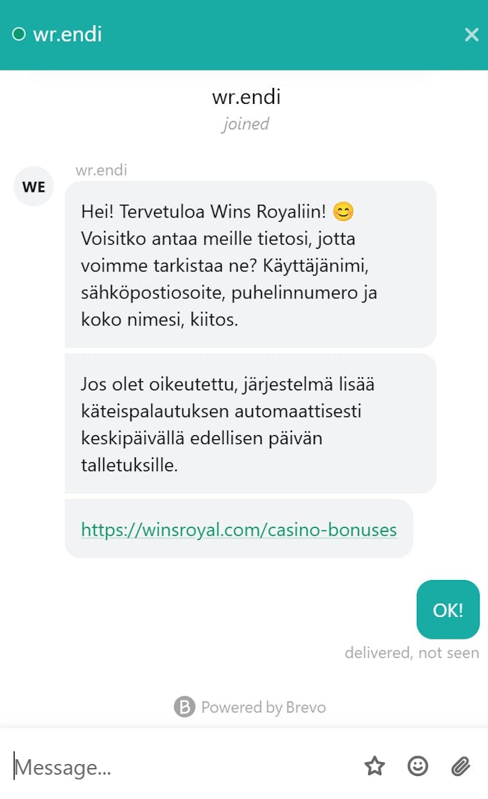 Wins Royal Casino live chat kysymys käteispalautuksista.