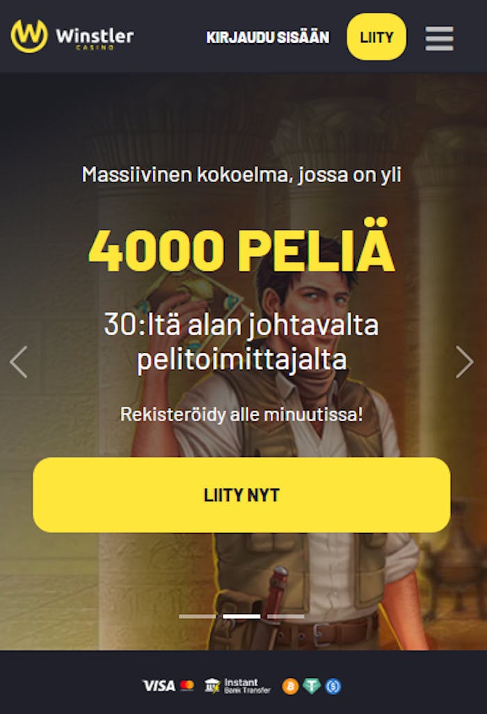 Winstler kasinon etusivu ja mahdollisuus pelitilin avaamiseen.