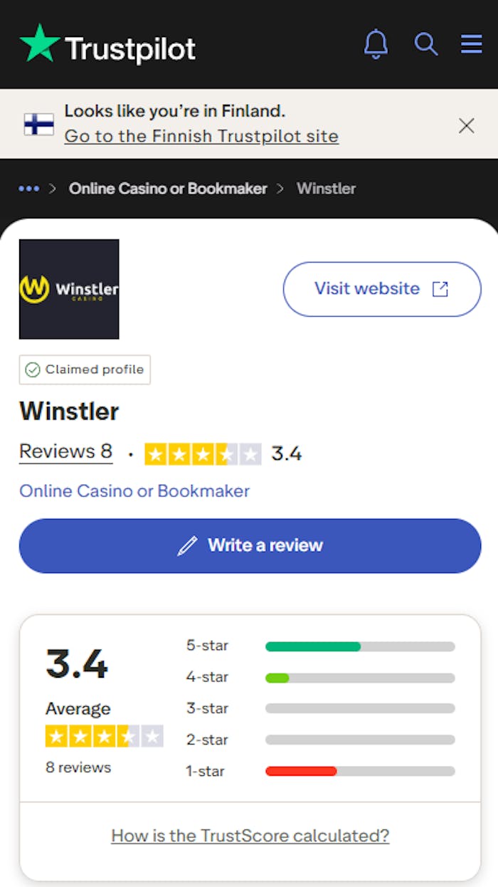 Winstler kasinon Trustpilot-arvostelujen yhteenveto.