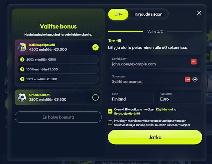Rekisteröityminen Winzter casinolle