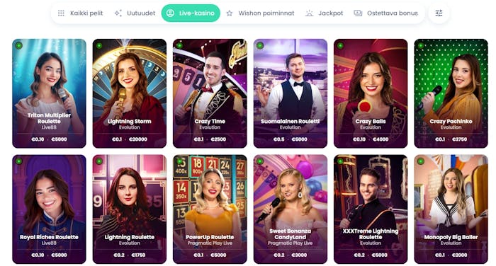 Wisho Casinolla on kattava valikoima suosittuja live-pelejä, kuten Lightning Storm.