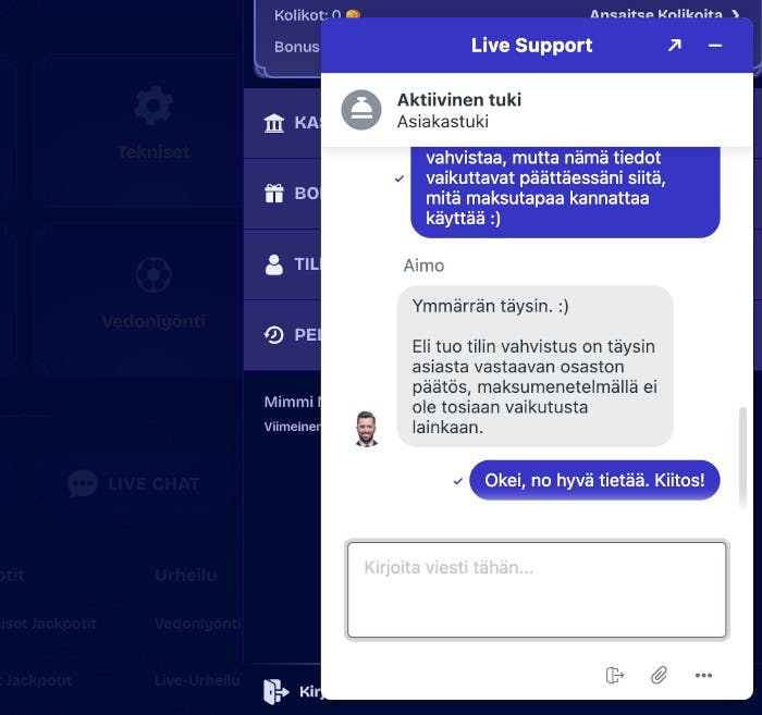 WishWin Casinon asiakaspalvelu toimi suomeksi kokeillessani live-chattia