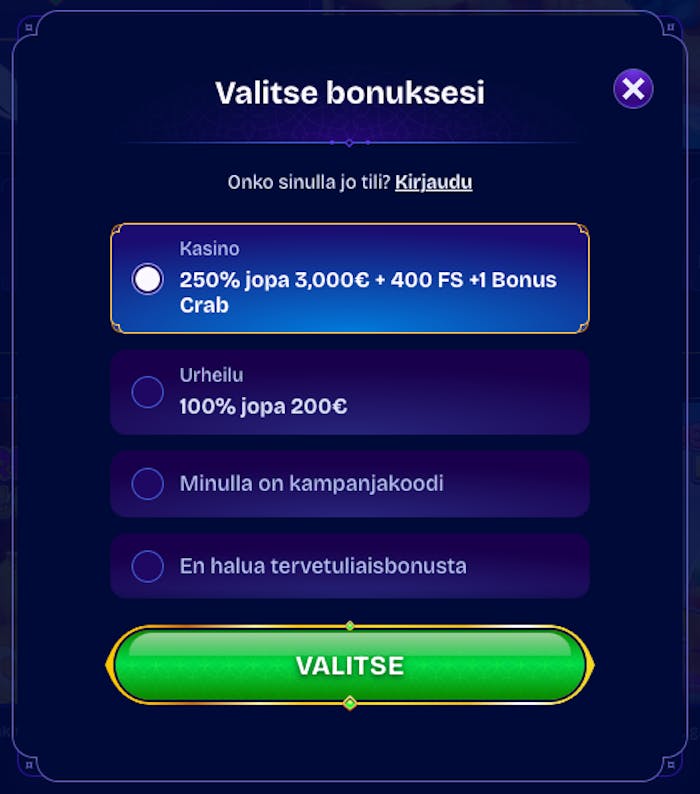 Valitse bonus pelaamisen alkuun rekisteröitymisen yhteydessä