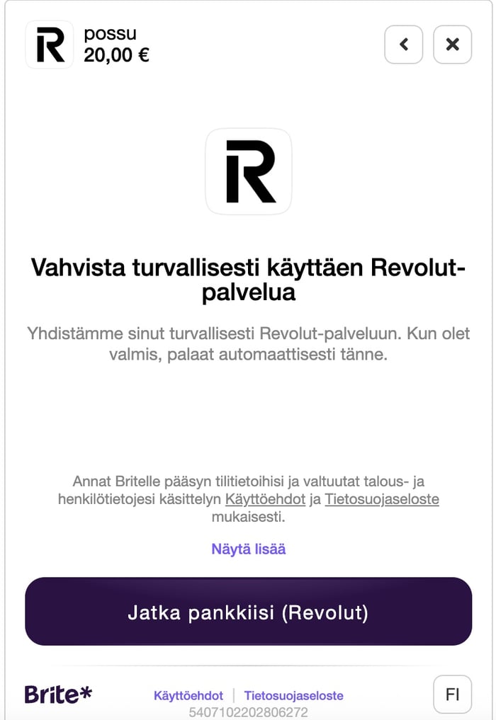 Talletuksen vahvistus Revolut-pankissa.