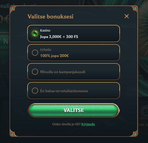 Talismania Casinon rekisteröinnissä valittava kasinon tervetuliaispaketti, vedonlyöntibonus tai rekisteröityminen ilman bonusta.