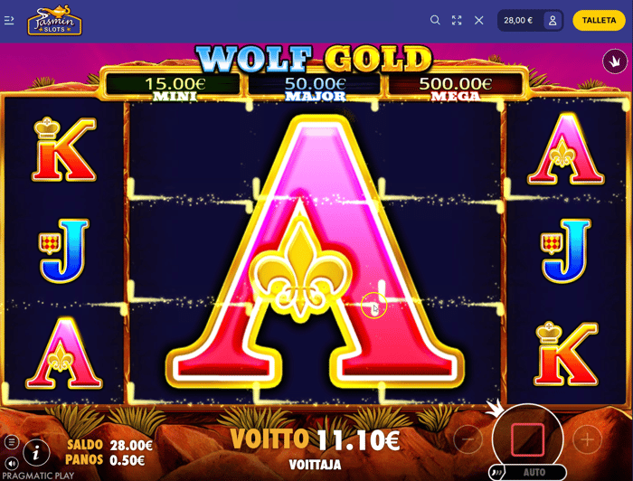 Jasmin Slotsin Wolf Gold -pelin voittonäkymä, jossa 0,50 € panoksella saatiin 11,10 € voitto.