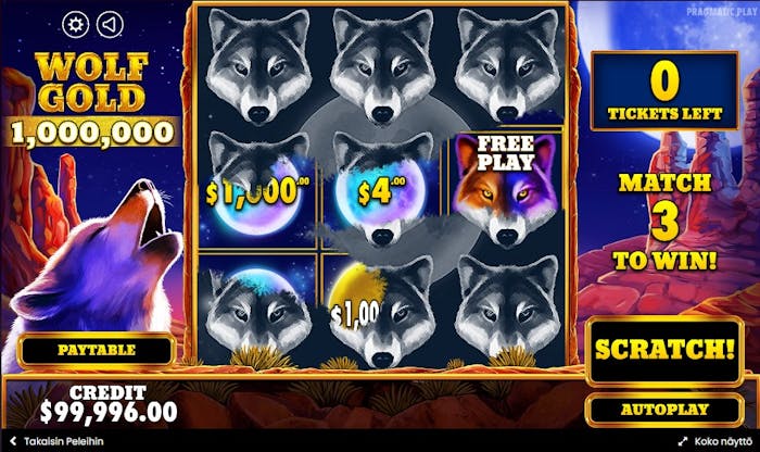 Raaputusarpa Wolf Gold Scratch, jossa sudet ja kuusymbolit johdattavat pelaajan voittoon, jos kolme samaa osuu ruudukkoon.