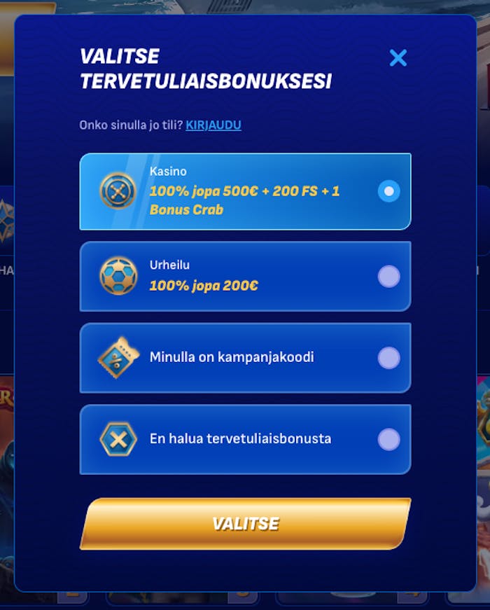 Wonaco tervetulobonusten vaihtoehdot