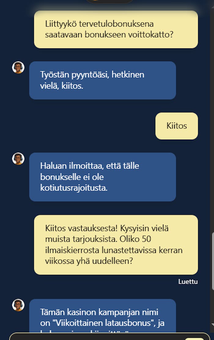 Wonderluck casinolla vastattiin nopeasti kysymykseen suomeksi