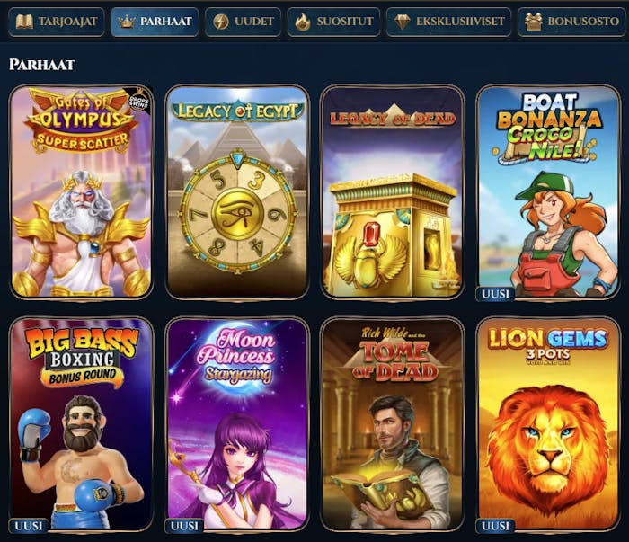 Wonderluck Casinon slot peleihin kuuluu suosittuja vaihtoehtoja kuten Gates of Olympus