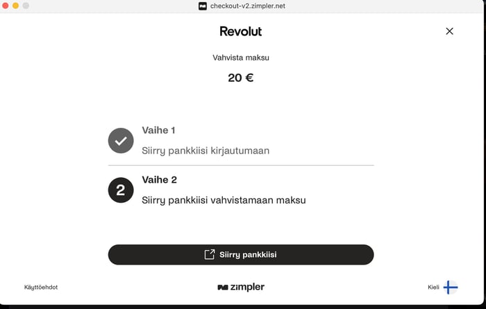 Revolut-pankin valinta talletusvaiheessa.