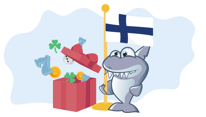 Kasinohai pitää kiinni Suomen lipusta ja katsoo avonaista lahjapakettia, joka kuvastaa kasinobonuksia