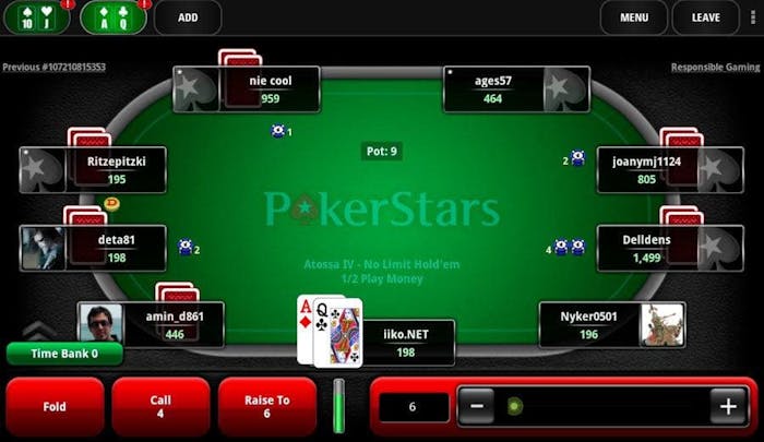 Online pokeripöytä PokerStarsilla. No Limit Hold'em -peliä leikkirahalla. Pelaajalla kortit A-Q