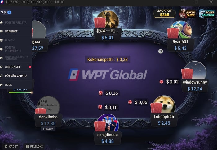 WPT Global Casinon pokeripöytä suomenkielisin asetuksin.