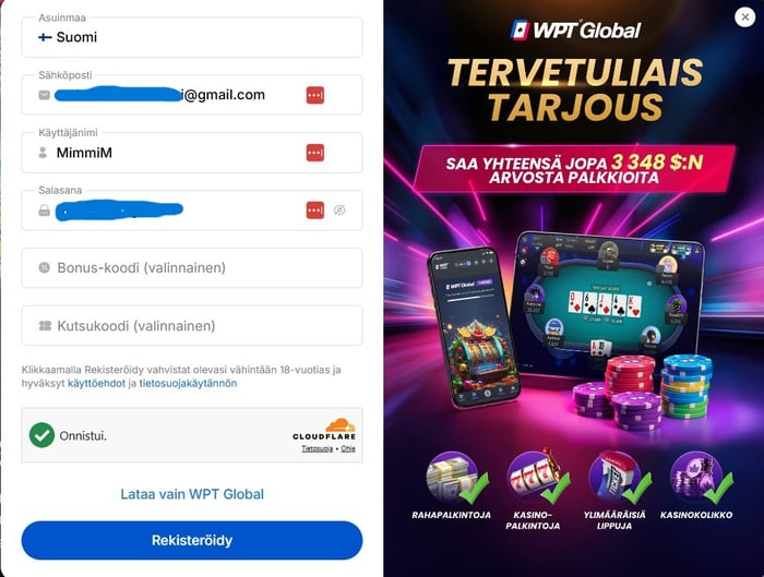 WPT Global rekisteröitymisen ensimmäinen vaihe.