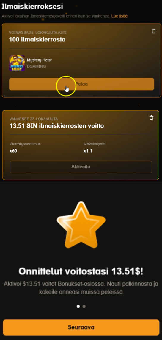 Taboobetin 100 ilmaiskierrosta Mystery Heist -peliin ja 13,51 SIN:n voitto 60x kierrätysvaatimuksella
