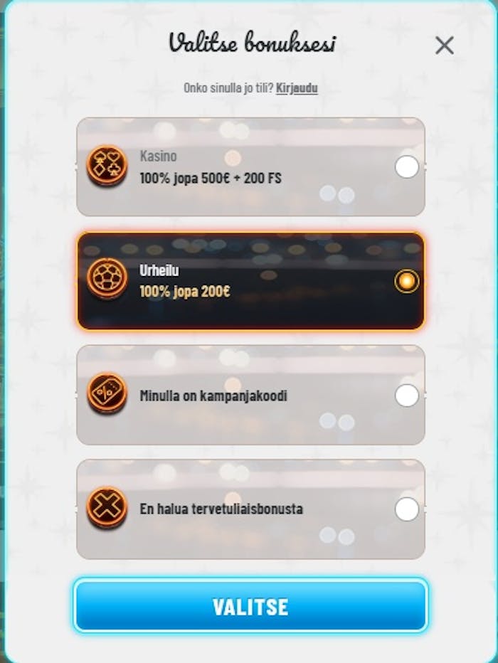 Valitse bonus Wynsin vaihtoehdoista