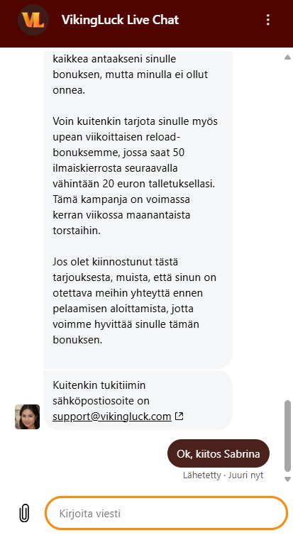 Viking Luckin livechatin kautta tarjottu bonus.