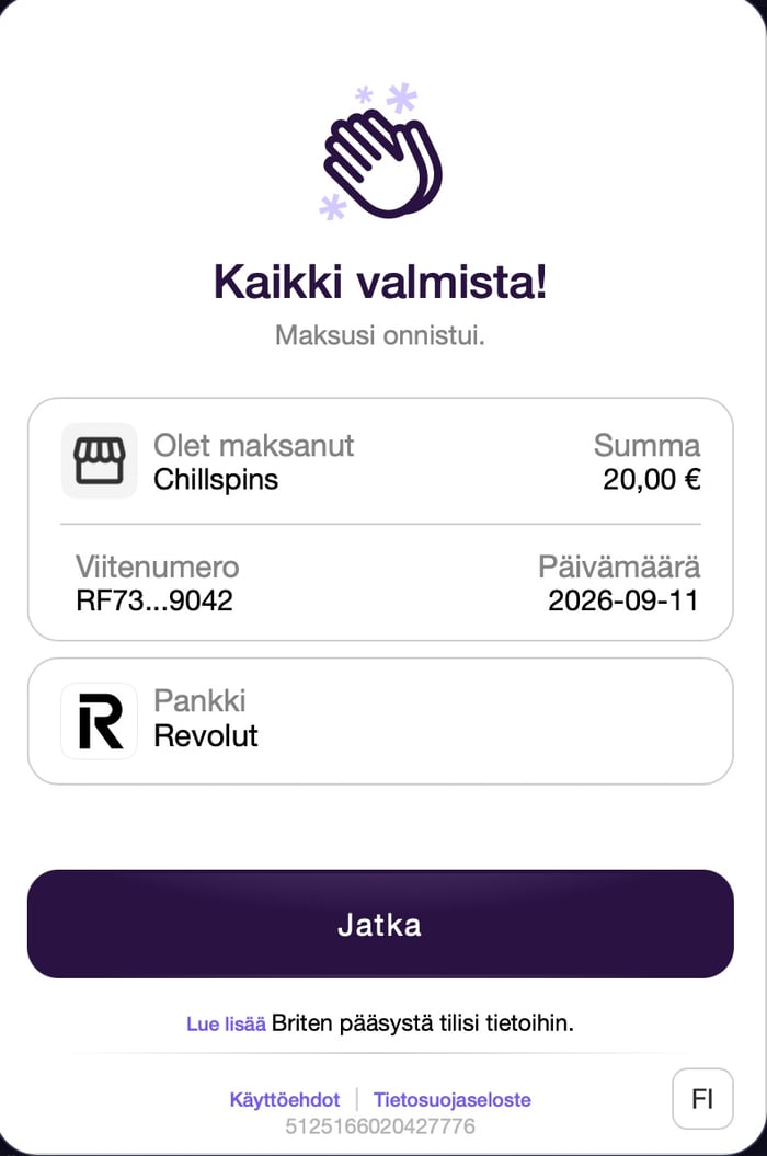 Revolut-pankin ilmoitus onnistuneesta talletuksesta.