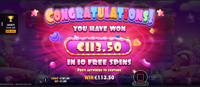 113,50 euron voitto pelistä Sugar Rush Super Scatter Wild Chance kasinolla.