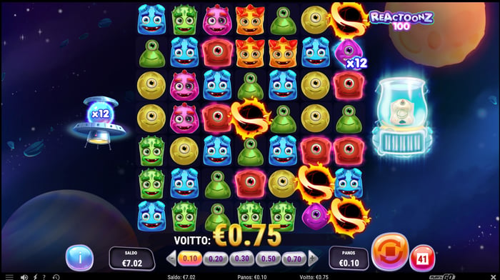 0,75 € voitto Reactoonz 100 -pelissä.
