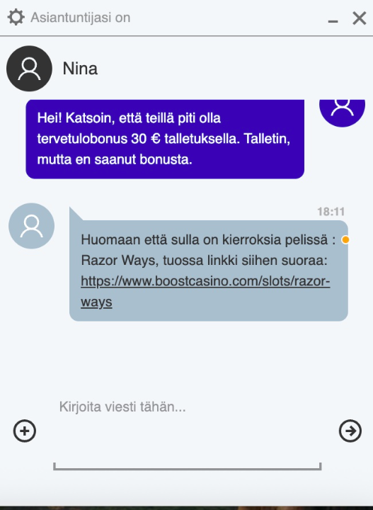 Boost Casinon chat vastasi välittömästi, ja vastaus kysymykseeni selvisi heti.