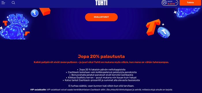 Tuhti kasinon cashbackin ehdot.