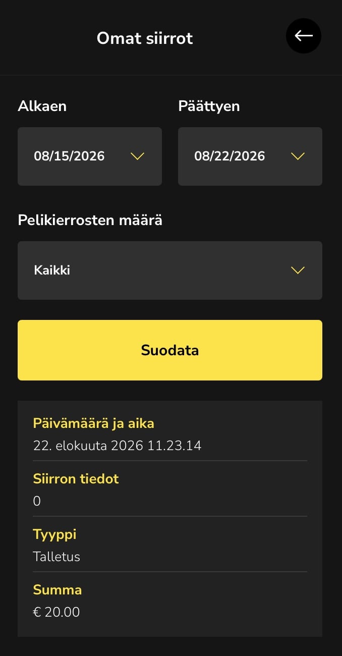 Hurmio-kasinon siirtohistoria, jossa näkyy 20 euron talletus