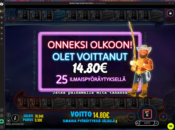 Big Bass Vegas Double Down Deluxe -pelin ”Onneksi olkoon” -ruutu 25 ilmaiskierroksen bonuskierroksen päätteeksi.
