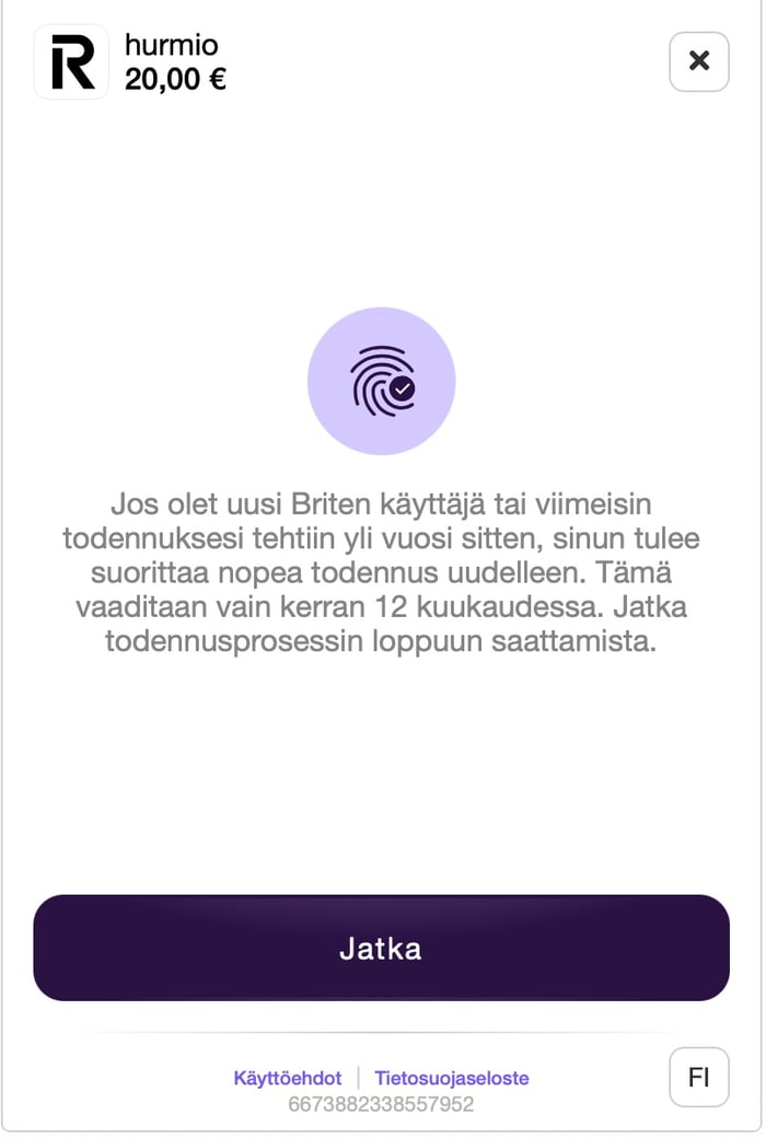 Hurmio-kasinon 20 euron talletuksen yhteydessä tehtävä henkilöllisyyden vahvistus Brite-palvelussa