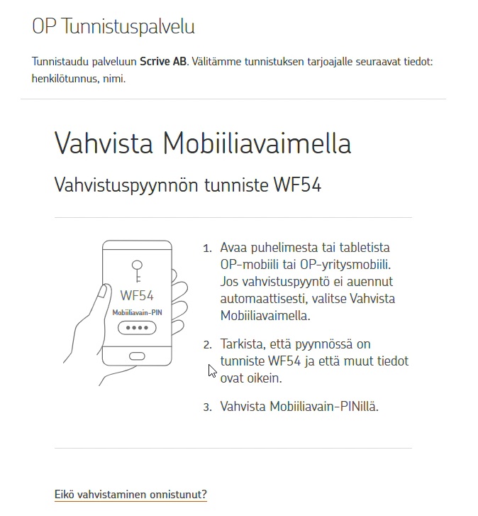 OP-verkkopankin Tunnistuspalvelu-näkymä, jossa pyydetään vahvistusta OP-mobiilisovelluksella.