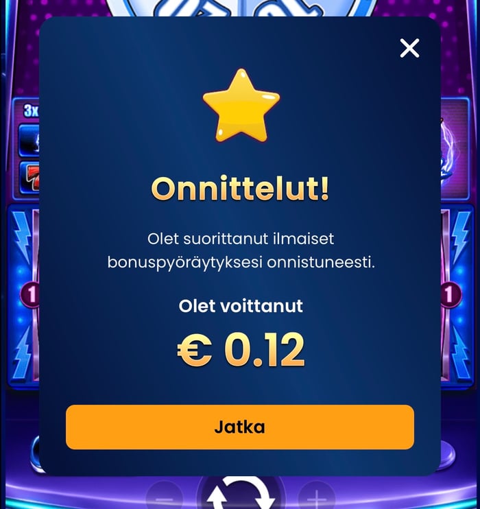 Kuva, jossa näkyy Possu Casinon Onnenkierros-kampanjan ilmaiskierroksella saatu voitto.