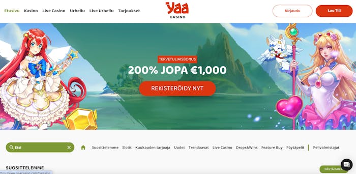 Yaa Casinon etusivu ja animehahmoja