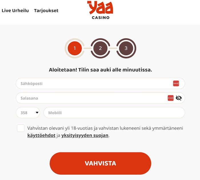 Rekister?itymislomake Yaa Casinolla