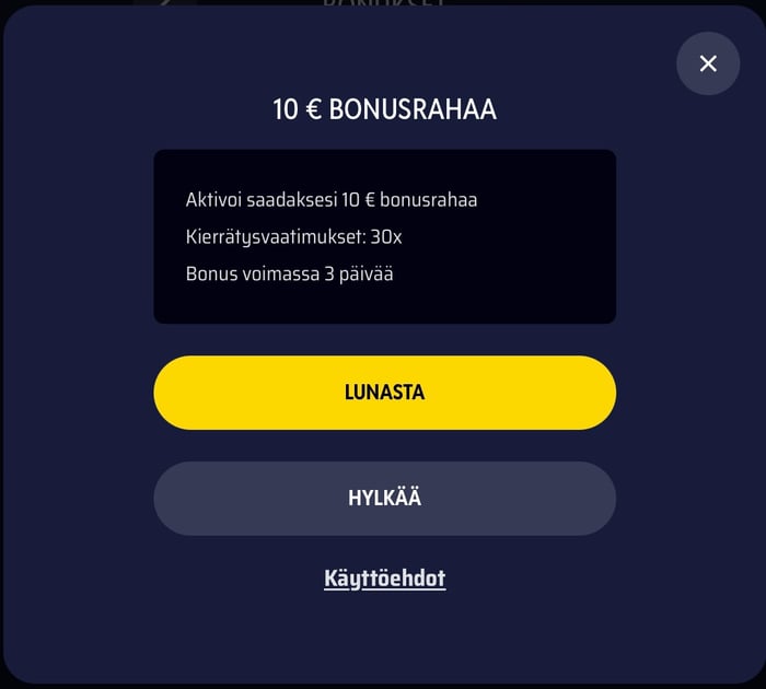 Ilmoitus 10 euron bonuksesta Onerush Casinolla.