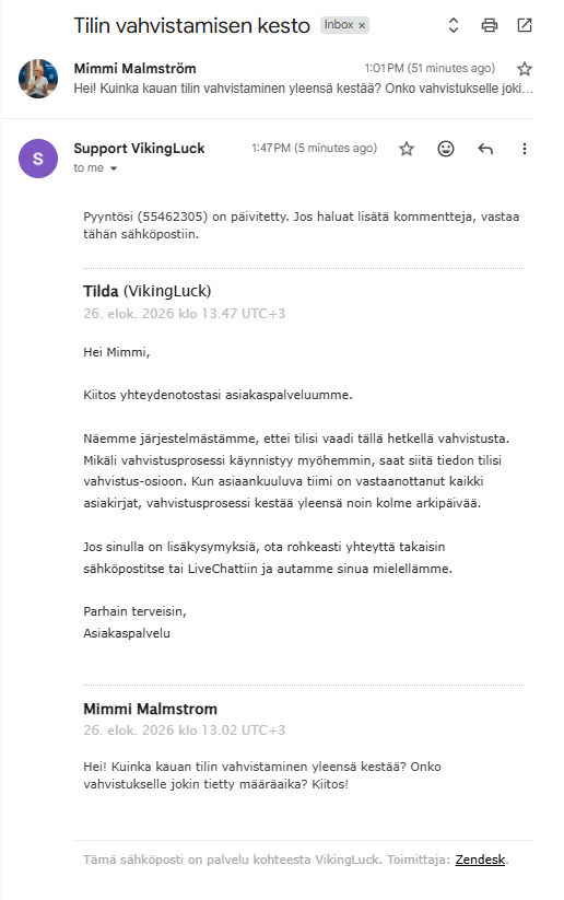 Viking Luckin asiakaspalvelun vastaus sähköpostitse.