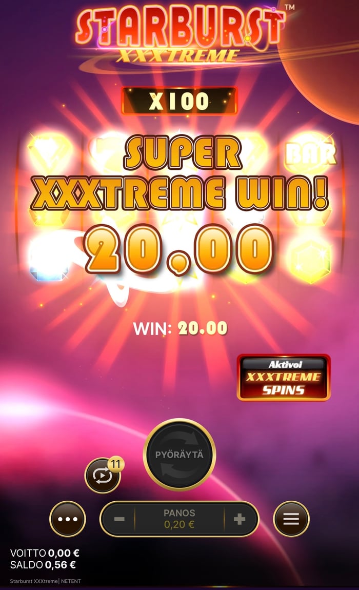 20 euron voitto Starburst XXXtreme -pelissä.