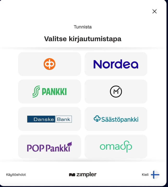SpinDjinn Casinolle voi kirjautua kuvassa näkyvien pankkien tunnuksilla ja mobiilivarmenteella.