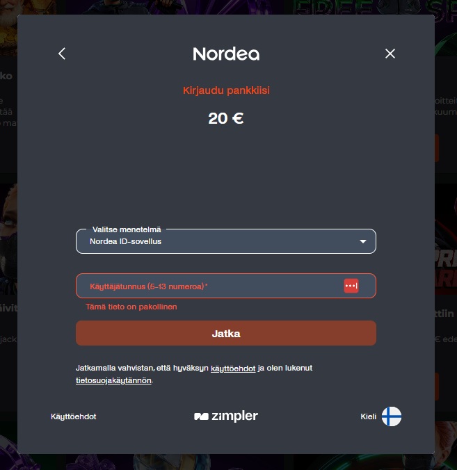 Ninja Casinon Zimpler-maksuvaihe, jossa pelaaja kirjautuu Nordea-pankkiinsa vahvistaakseen 20 euron talletuksen.