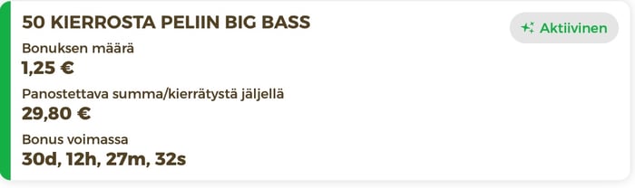 Tuuri kasinon kierrätysmittari, jossa näkyy 1,25 € voittojen kierrätysvaatimus.