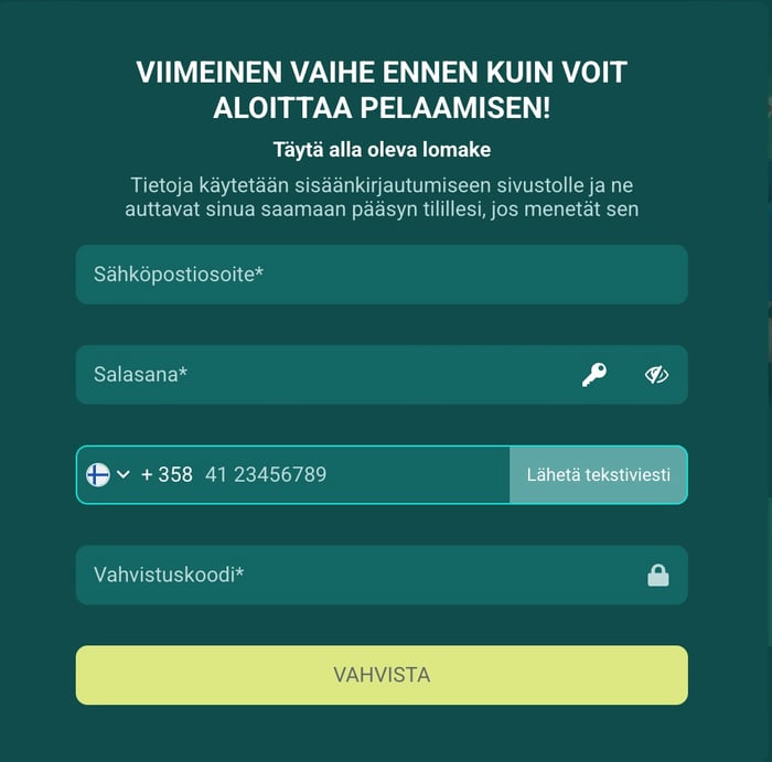 Vivatbetin rekisteröitymislomake.
