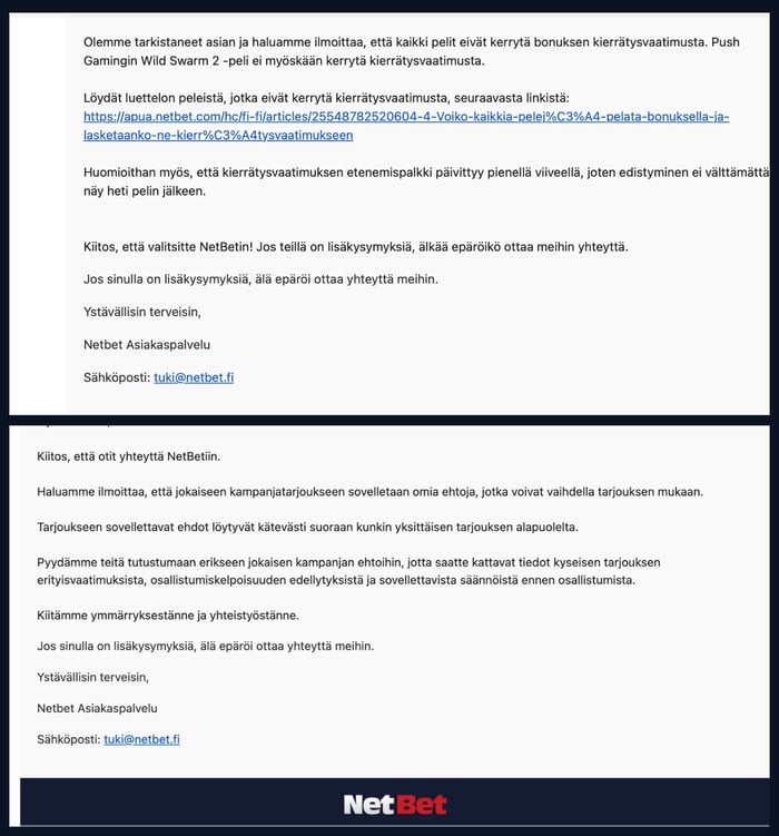 NetBet kasinon asiakaspalvelu vastaa suomeksi.