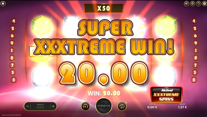 20 € voitto Starburst XXXtreme -pelissä.