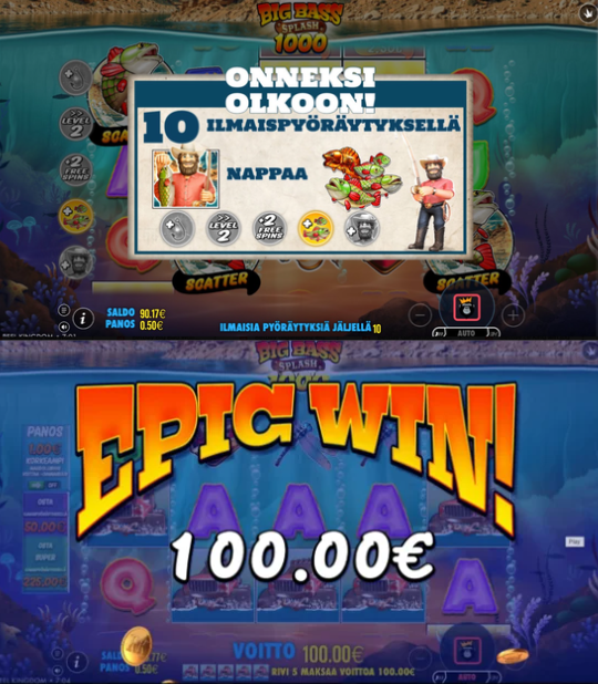 Big Bass Splash 1000 -pelin 100 euron voitto ilmaiskierroksilla.