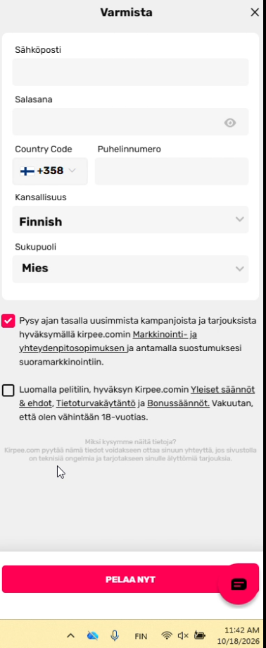 Kirpeen henkilötietolomake pelitilin avaukseen.