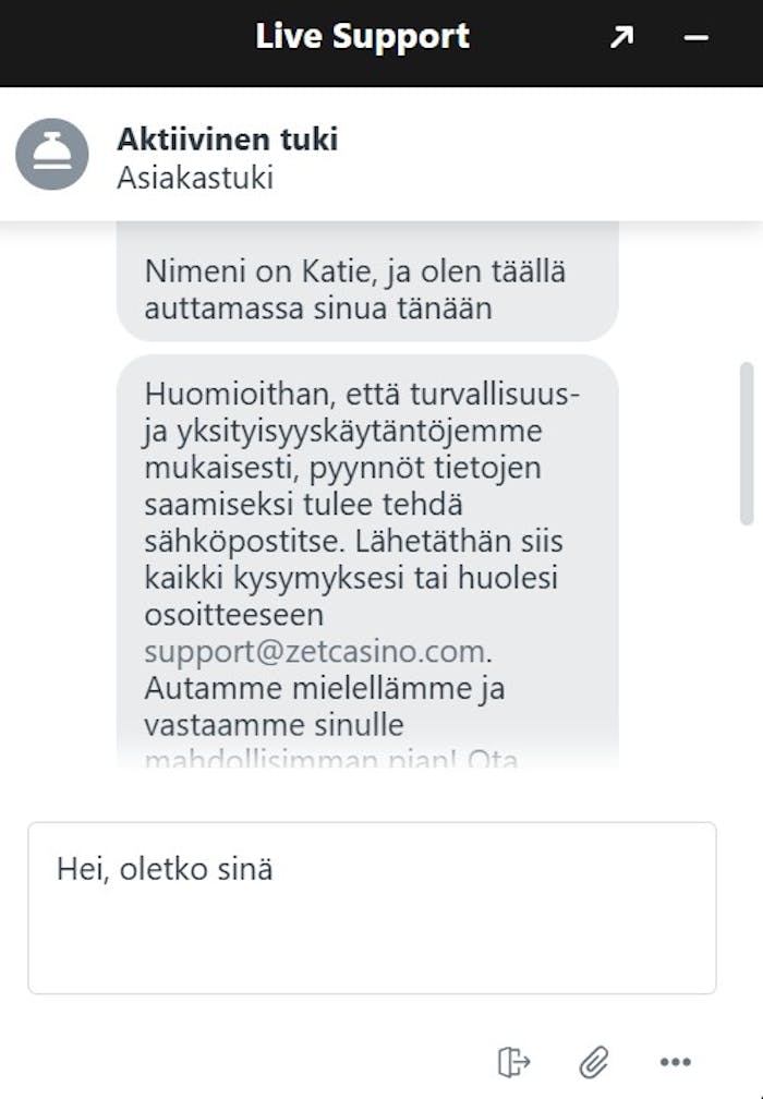 Zet casinolla vastasi chattibotti.