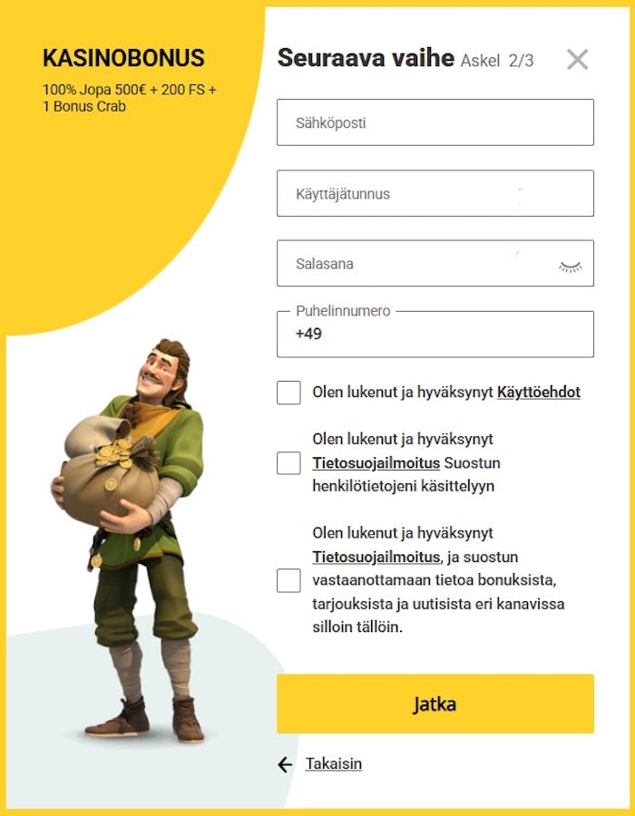 Zet Casinon rekisteröitymislomake