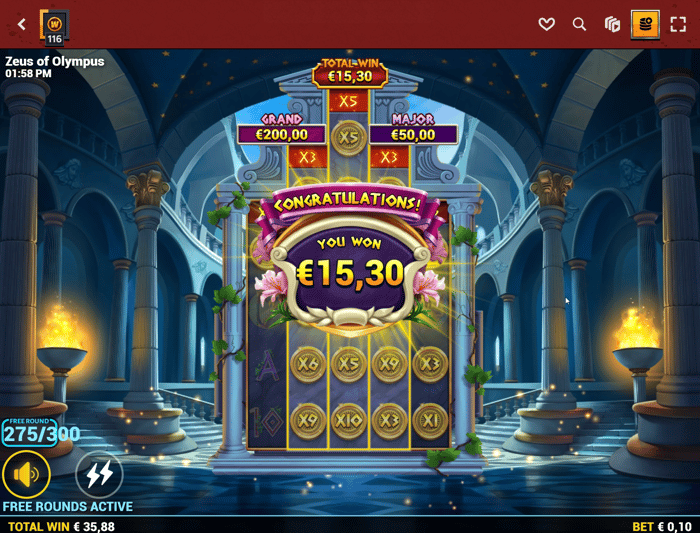 Wintino Casinon tervetulobonukseen kuului 300 ilmaiskierrosta Zeus of Olympus -peliin.