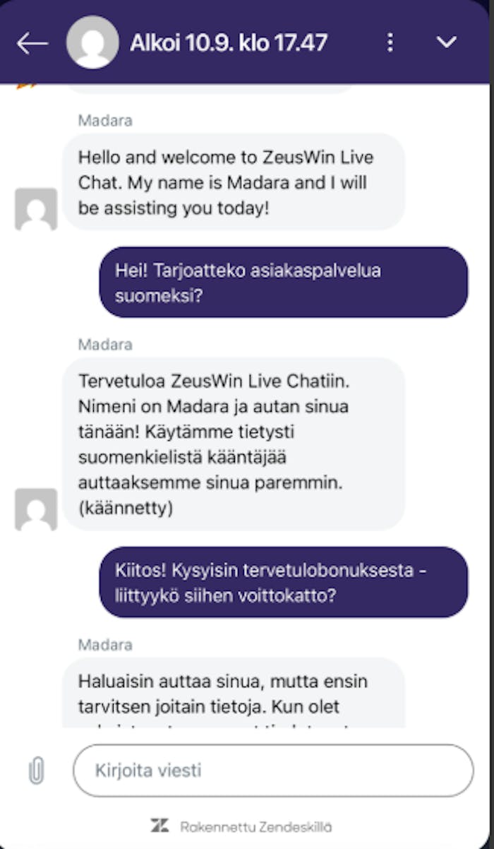 ZeusWin asiakaspalvelu tarjoaa l?hinn? automaattivastauksia kysymyksiin.